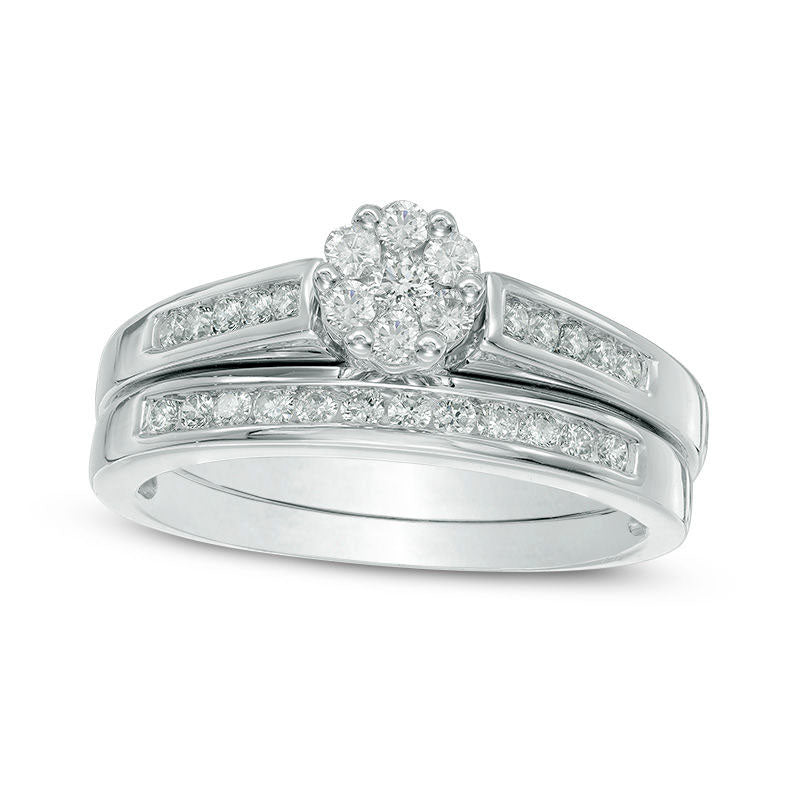 Image of ID 1 Previously Owned - 050 CT TW Natural Diamond Flower Bridal Engagement Ring Set in Solid 10K White Gold