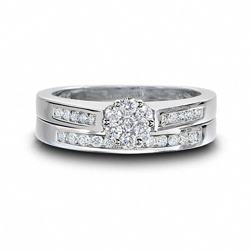 Image of ID 1 Previously Owned - 050 CT TW Natural Diamond Flower Bridal Engagement Ring Set in Solid 14K White Gold