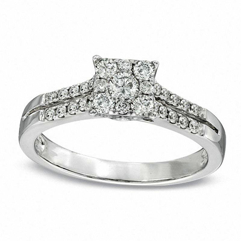 Image of ID 1 Previously Owned - 050 CT TW Natural Diamond Square Cluster Engagement Ring in Solid 14K White Gold