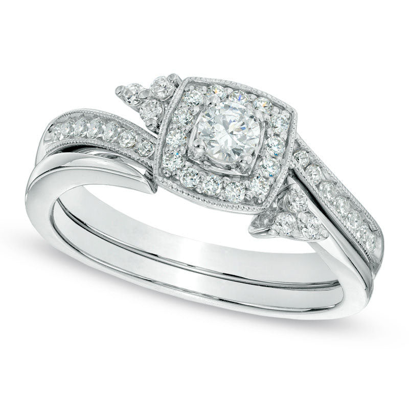 Image of ID 1 Previously Owned - 050 CT TW Natural Diamond Square Frame Bridal Engagement Ring Set in Solid 10K White Gold