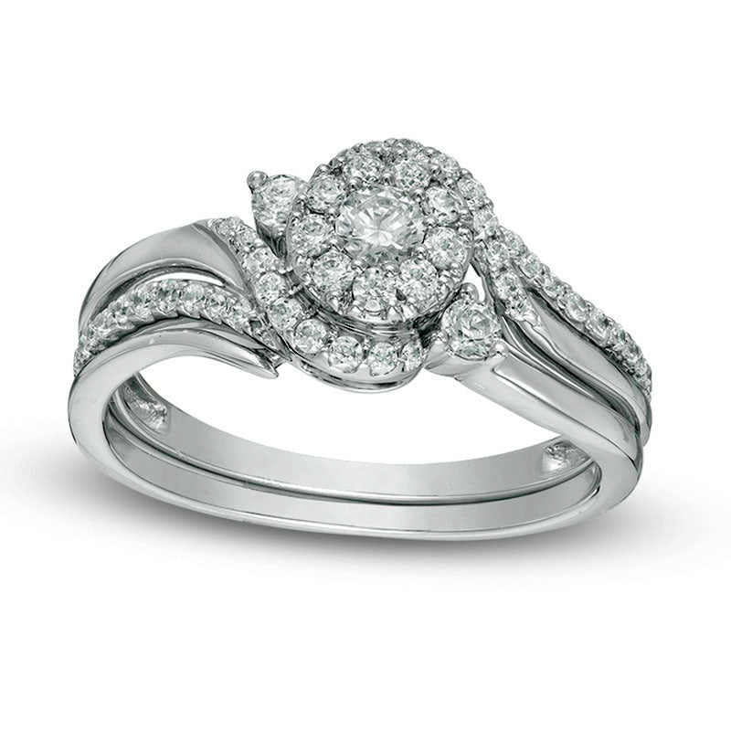 Image of ID 1 Previously Owned - 050 CT TW Natural Diamond Swirl Bypass Frame Bridal Engagement Ring Set in Solid 10K White Gold
