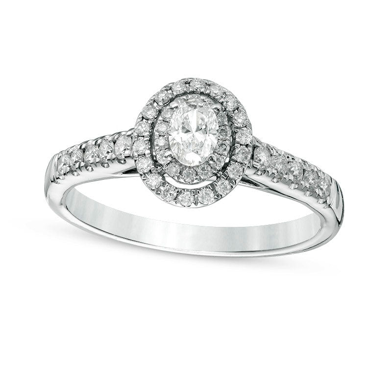 Image of ID 1 Previously Owned - 050 CT TW Oval Natural Diamond Double Frame Engagement Ring in Solid 14K White Gold
