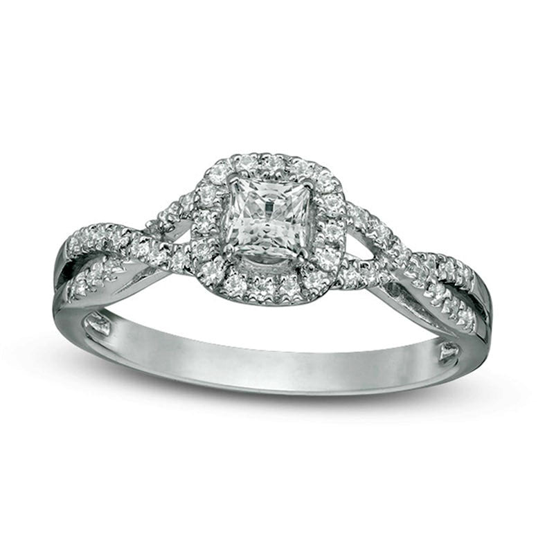 Image of ID 1 Previously Owned - 050 CT TW Princess-Cut Natural Diamond Frame Twist Engagement Ring in Solid 14K White Gold