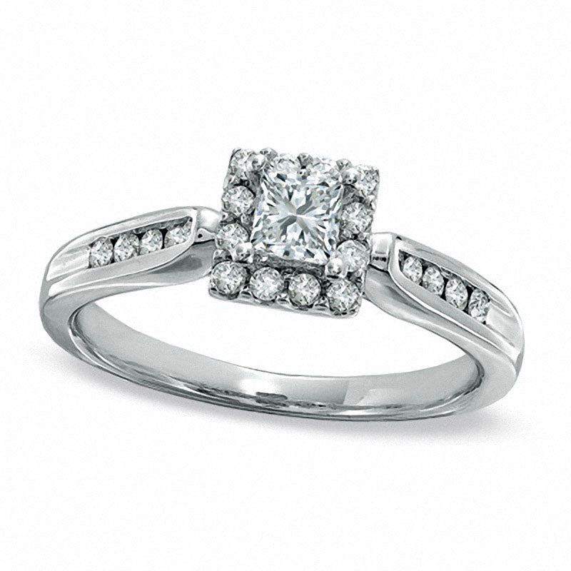 Image of ID 1 Previously Owned - 050 CT TW Princess-Cut Natural Diamond Framed Engagement Ring in Solid 14K White Gold