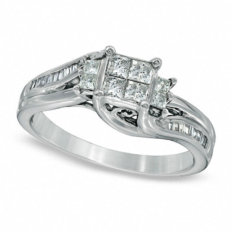 Image of ID 1 Previously Owned - 050 CT TW Quad Princess-Cut Natural Diamond Engagement Ring in Solid 10K White Gold