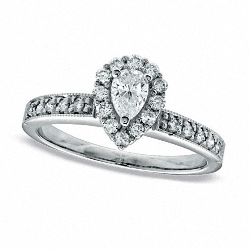 Image of ID 1 Previously Owned - 063 CT TW Pear-Shaped Natural Diamond Frame Engagement Ring in Solid 14K White Gold