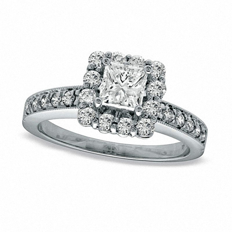 Image of ID 1 Previously Owned - 063 CT TW Princess-Cut Natural Diamond Frame Antique Vintage-Style Engagement Ring in Solid 14K White Gold