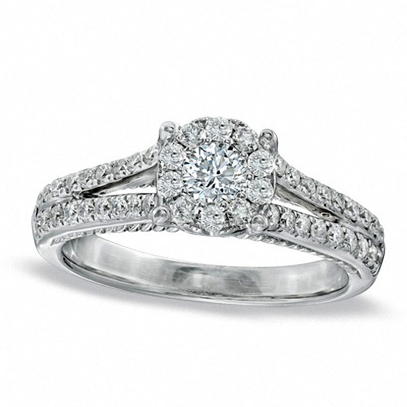Image of ID 1 Previously Owned - 075 CT TW Natural Diamond Cluster Split Shank Engagement Ring in Solid 14K White Gold