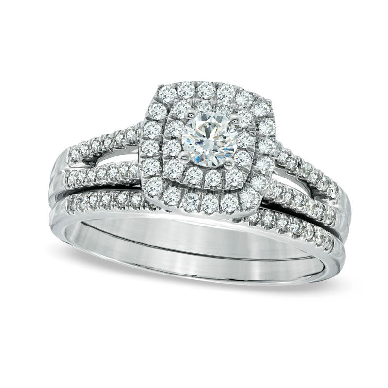 Image of ID 1 Previously Owned - 075 CT TW Natural Diamond Double Frame Bridal Engagement Ring Set in Solid 14K White Gold
