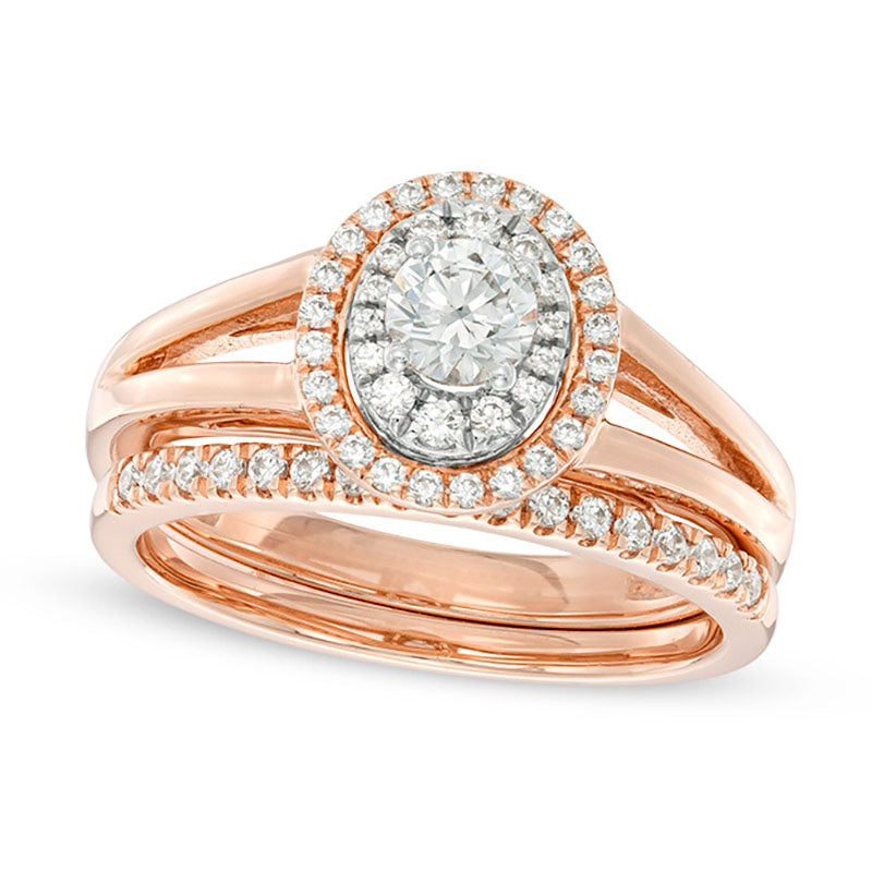 Image of ID 1 Previously Owned - 075 CT TW Natural Diamond Double Oval Frame Split Shank Bridal Engagement Ring Set in Solid 10K Rose Gold
