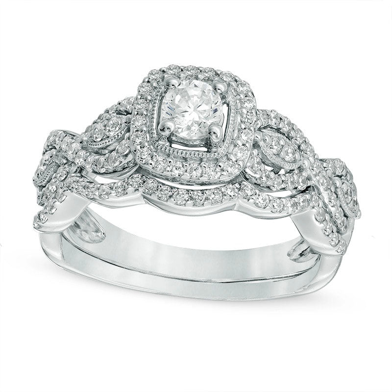 Image of ID 1 Previously Owned - 075 CT TW Natural Diamond Square Frame Antique Vintage-Style Bridal Engagement Ring Set in Solid 10K White Gold