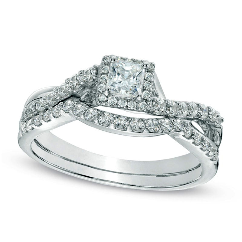 Image of ID 1 Previously Owned - 075 CT TW Princess-Cut Natural Diamond Frame Twist Shank Bridal Engagement Ring Set in Solid 10K White Gold