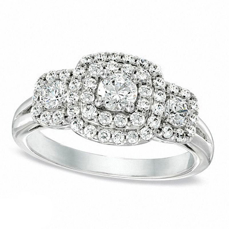 Image of ID 1 Previously Owned - 10 CT TW Natural Diamond Double Cushion Frame Three Stone Ring in Solid 10K White Gold