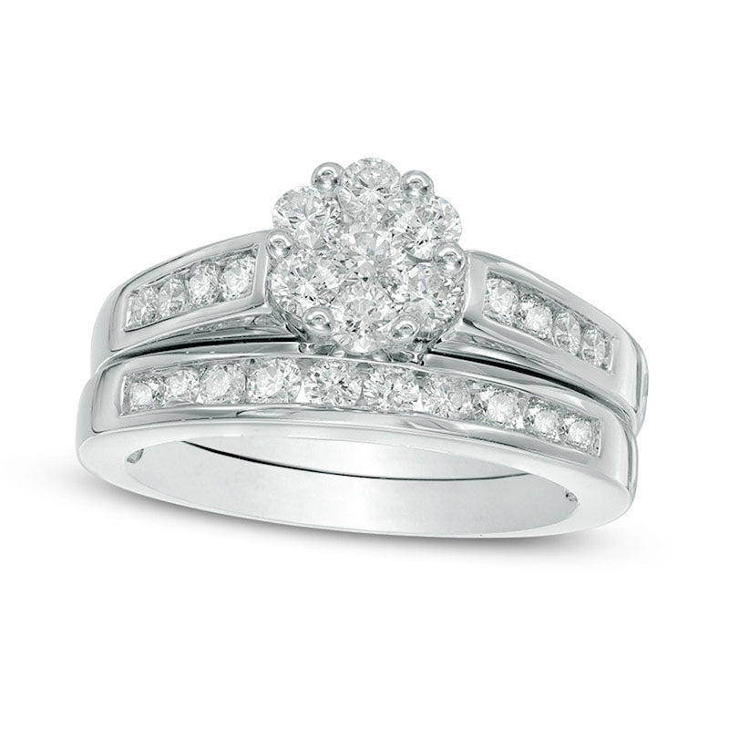 Image of ID 1 Previously Owned - 10 CT TW Natural Diamond Flower Bridal Engagement Ring Set in Solid 10K White Gold
