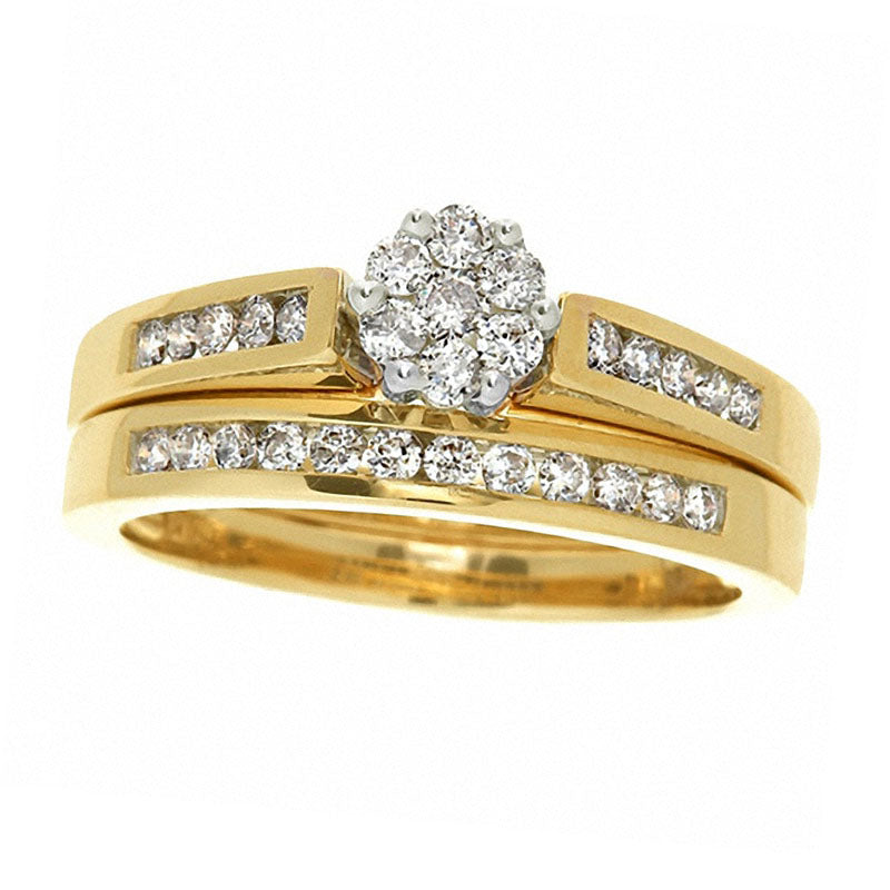 Image of ID 1 Previously Owned - 10 CT TW Natural Diamond Flower Bridal Engagement Ring Set in Solid 10K Yellow Gold