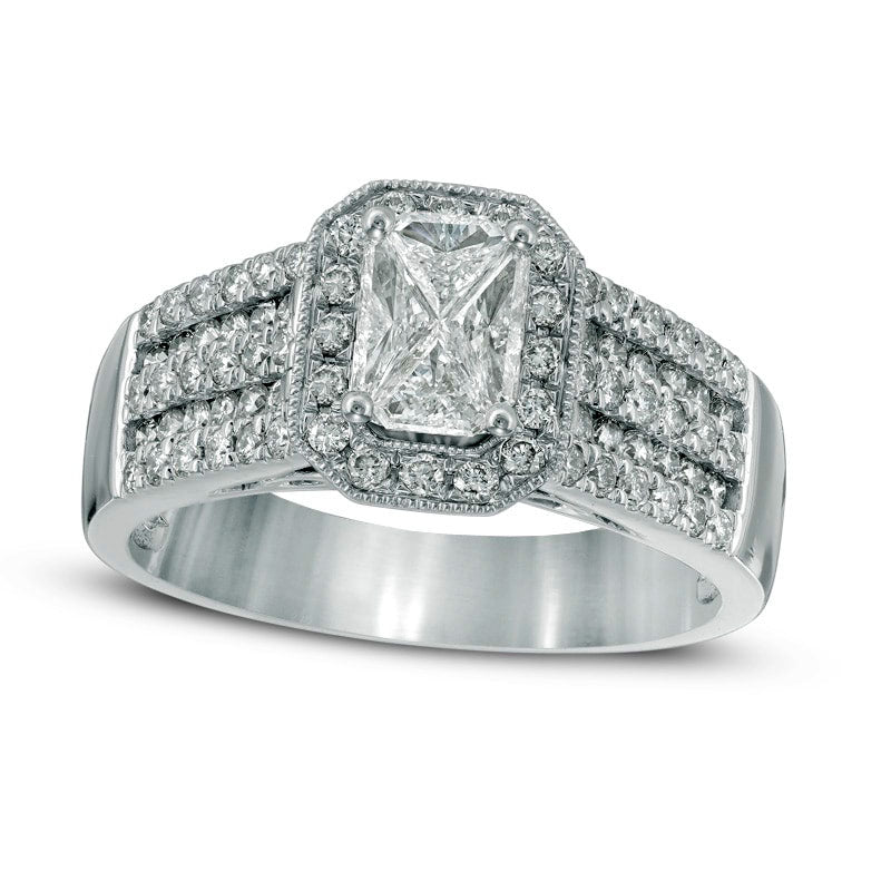 Image of ID 1 Previously Owned - 10 CT TW Quad Natural Diamond Octagonal Frame Antique Vintage-Style Channel-Set Engagement Ring in Solid 14K White Gold