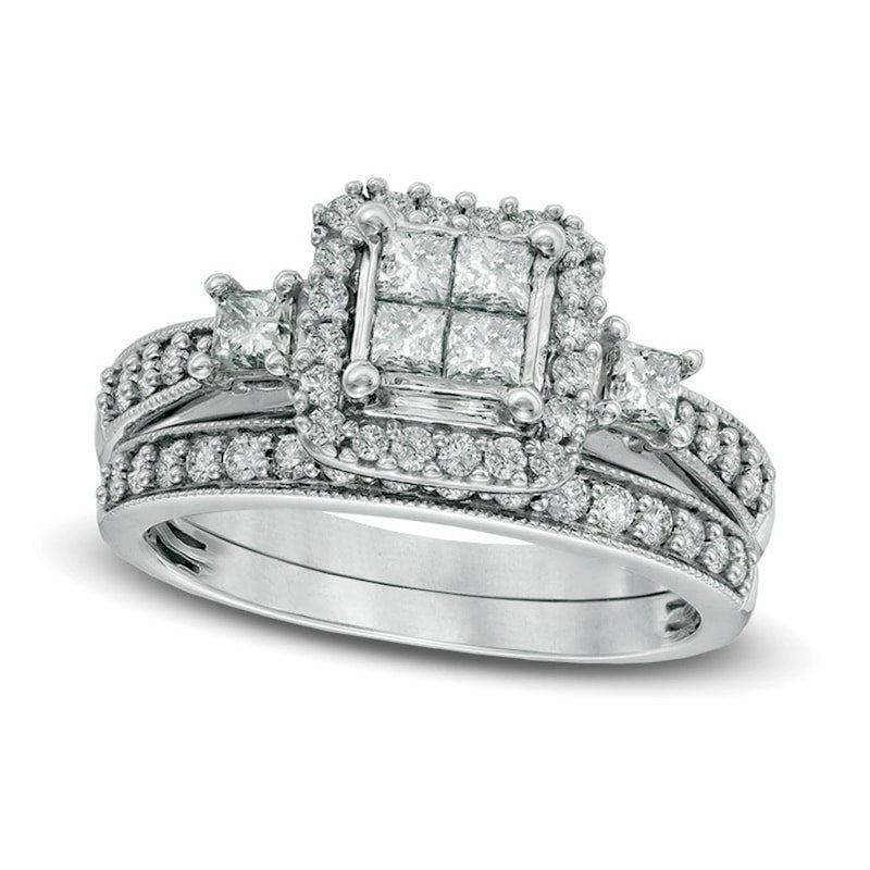 Image of ID 1 Previously Owned - 10 CT TW Quad Princess-Cut Natural Diamond Bridal Engagement Ring Set in Solid 10K White Gold