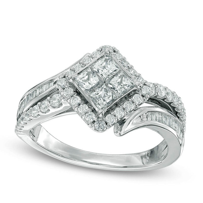 Image of ID 1 Previously Owned - 10 CT TW Quad Princess-Cut Natural Diamond Bypass Engagement Ring in Solid 10K White Gold