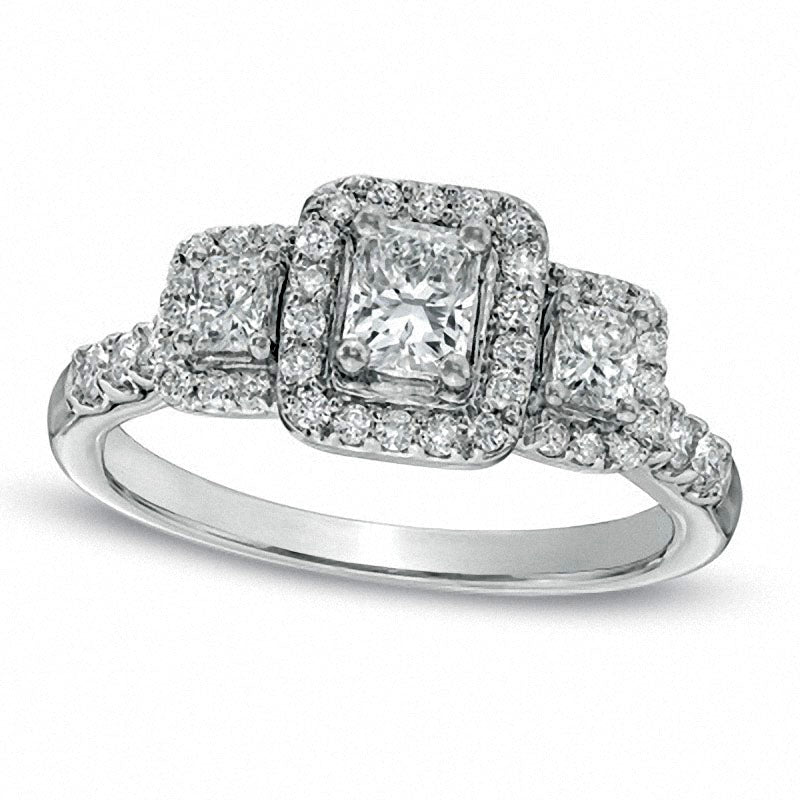 Image of ID 1 Previously Owned - 10 CT TW Radiant-Cut Natural Diamond Three Stone Ring in Solid 14K White Gold