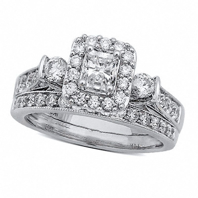 Image of ID 1 Previously Owned - 120 CT TW Radiant-Cut Natural Diamond Frame Antique Vintage-Style Bridal Engagement Ring Set in Solid 14K White Gold