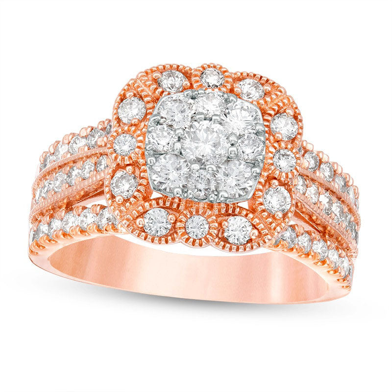 Image of ID 1 Previously Owned - 125 CT TW Natural Diamond Scallop Cushion Frame Multi-Row Antique Vintage-Style Engagement Ring in Solid 14K Rose Gold