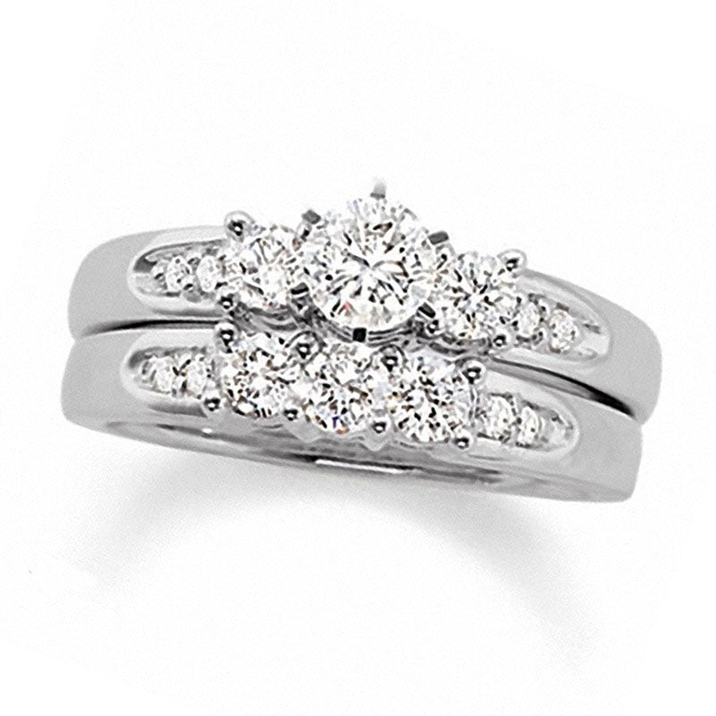 Image of ID 1 Previously Owned - 15 CT TW Natural Diamond Three Stone Bridal Engagement Ring Set in Solid 14K White Gold