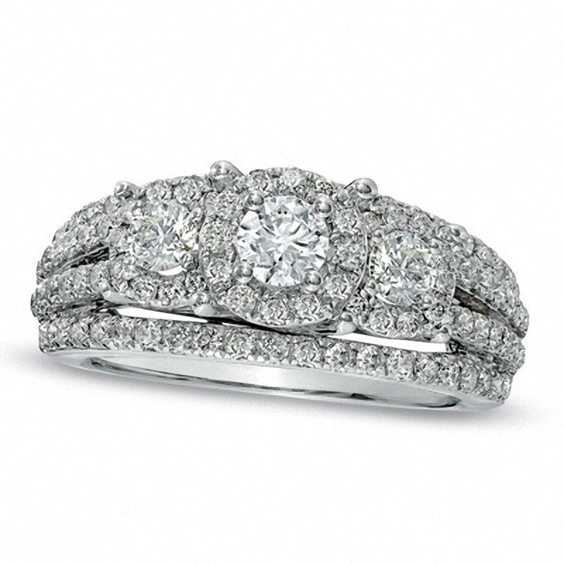 Image of ID 1 Previously Owned - 15 CT TW Natural Diamond Three Stone Multi-Row Ring in Solid 14K White Gold