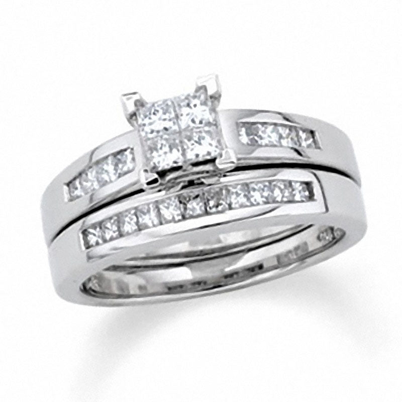 Image of ID 1 Previously Owned - 15 CT TW Quad Princess-Cut Natural Diamond Bridal Engagement Ring Set in Solid 14K White Gold