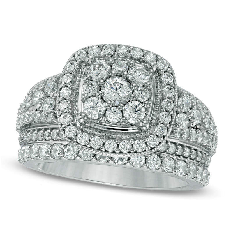 Image of ID 1 Previously Owned - 175 CT TW Natural Diamond Frame Cluster Bridal Engagement Ring Set in Solid 14K White Gold
