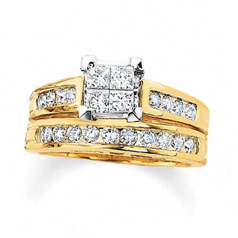 Image of ID 1 Previously Owned - 20 CT TW Quad Princess-Cut Natural Diamond Bridal Engagement Ring Set in Solid 14K Gold