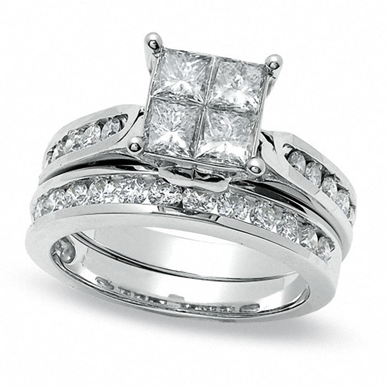 Image of ID 1 Previously Owned - 20 CT TW Quad Princess-Cut Natural Diamond Bridal Engagement Ring Set in Solid 14K White Gold