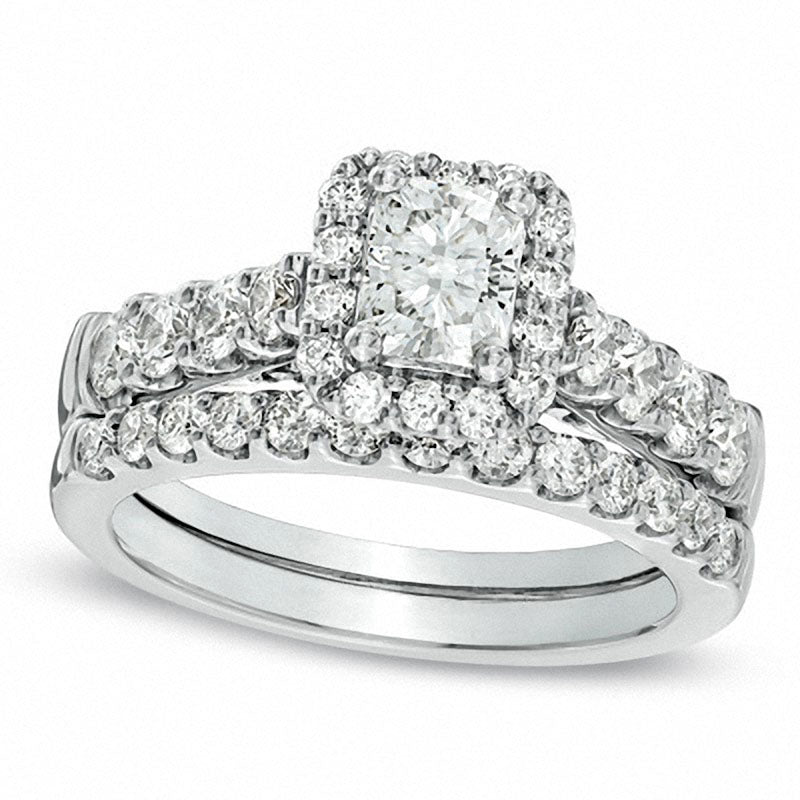 Image of ID 1 Previously Owned - 20 CT TW Radiant-Cut Natural Diamond Framed Bridal Engagement Ring Set in Solid 14K White Gold