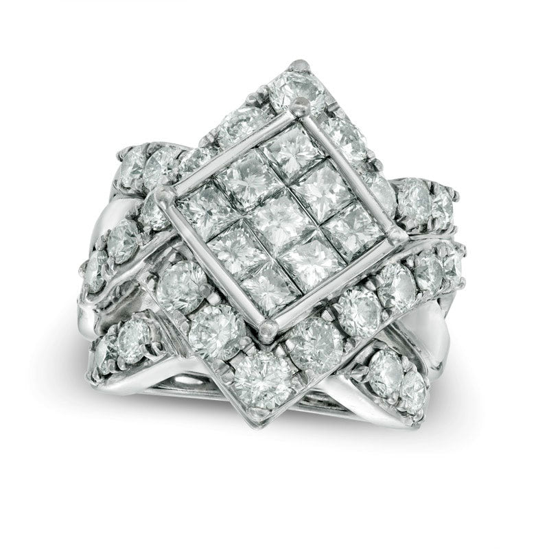 Image of ID 1 Previously Owned - 5 CT TW Princess-Cut Composite Natural Diamond Square Frame Crossover Bridal Engagement Ring Set in Solid 14K White Gold
