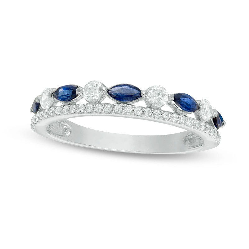 Image of ID 1 Previously Owned - Marquise Blue Sapphire and 033 CT TW Natural Diamond Double Row Band in Solid 14K White Gold