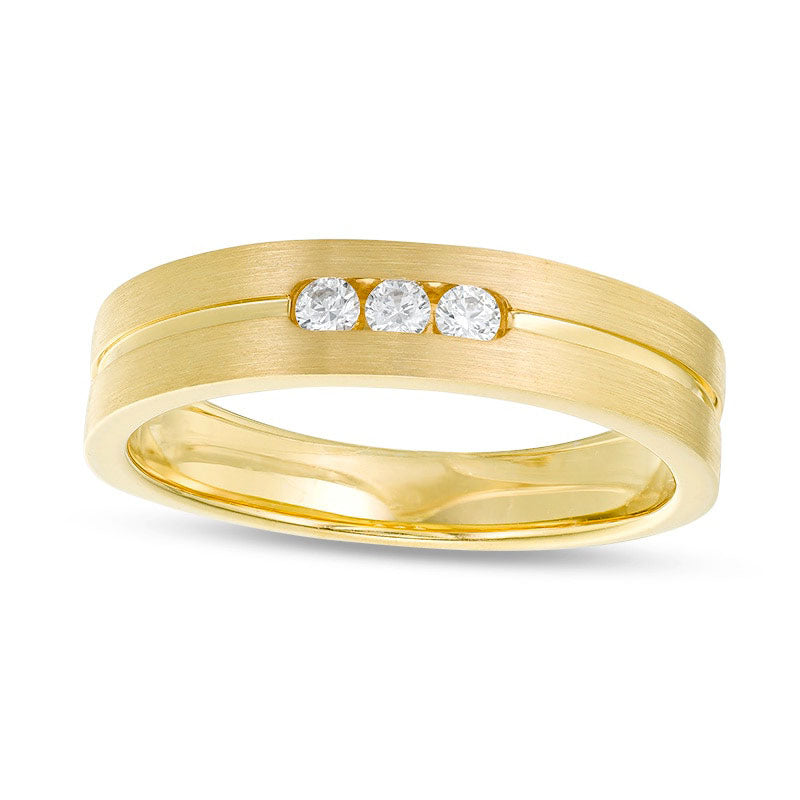 Image of ID 1 Previously Owned - Men's 020 CT TW Natural Diamond Three Stone Wedding Band in Solid 10K Yellow Gold