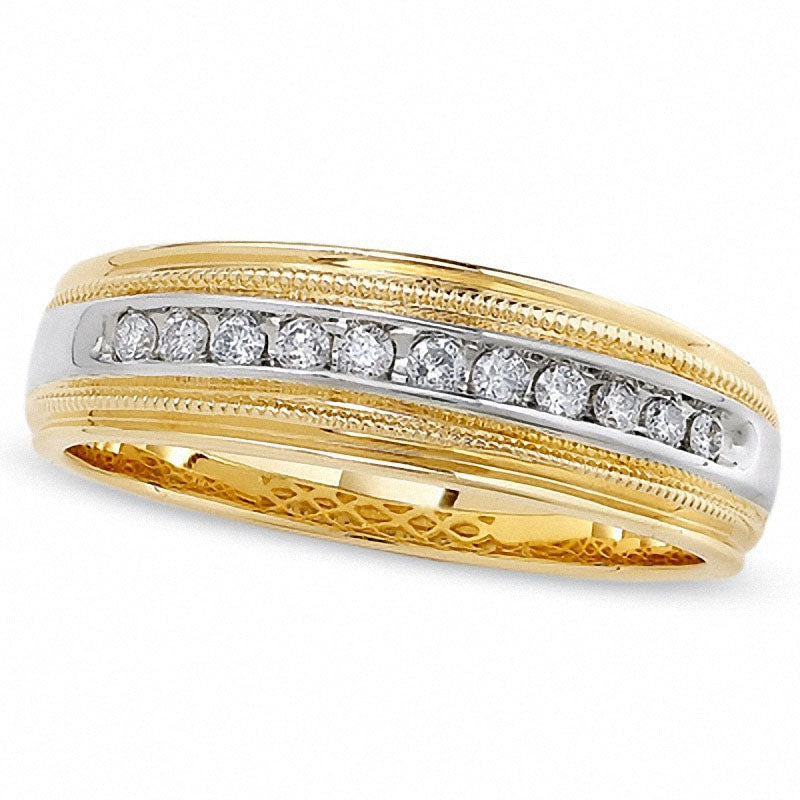Image of ID 1 Previously Owned - Men's 025 CT TW Natural Diamond Channel Milgrain Band in Solid 14K Two-Tone Gold