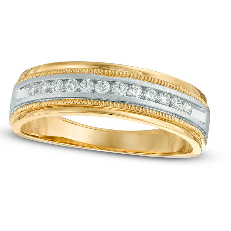 Image of ID 1 Previously Owned - Men's 025 CT TW Natural Diamond Milgrain Anniversary Band in Solid 14K Two-Tone Gold