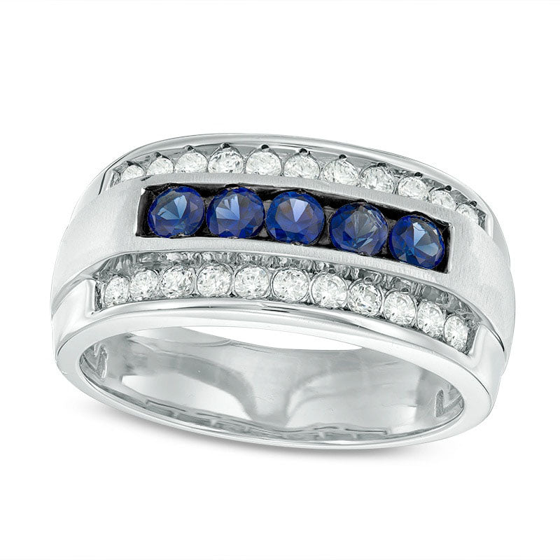 Image of ID 1 Previously Owned - Men's Blue Sapphire and 025 CT TW Natural Diamond Multi-Row Ring in Solid 10K White Gold