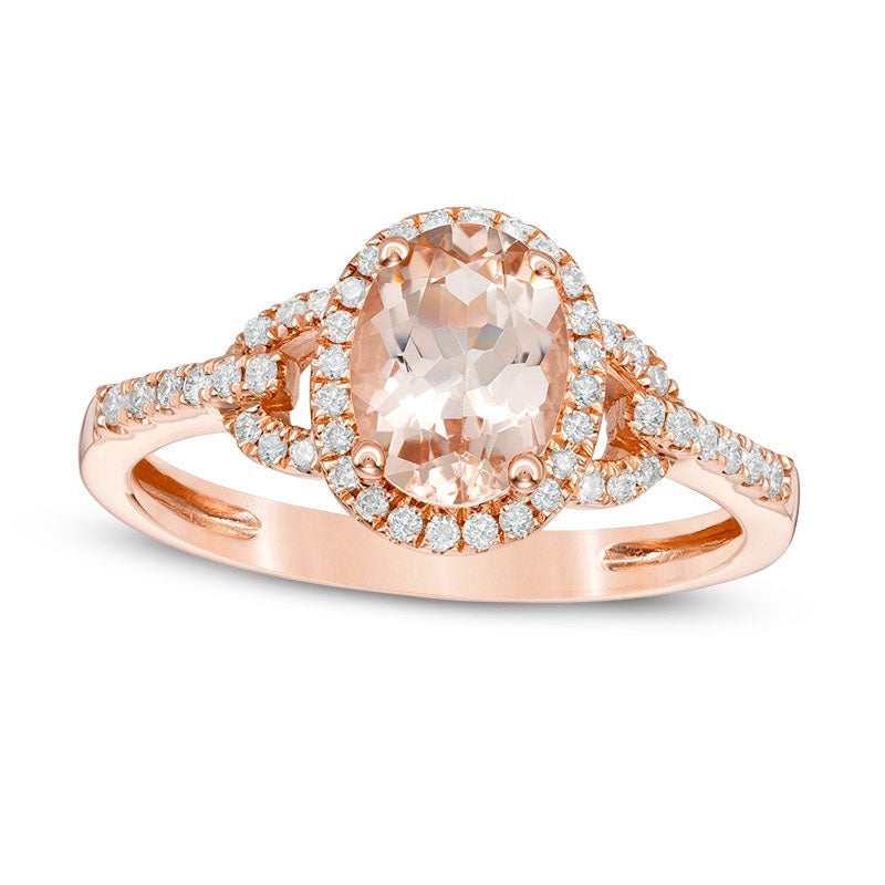 Image of ID 1 Previously Owned - Oval Morganite and 020 CT TW Natural Diamond Frame Buckle Ring in Solid 14K Rose Gold