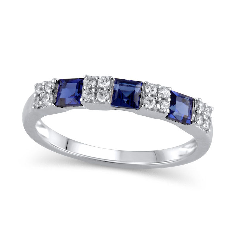 Image of ID 1 Princes-Cut Blue Sapphire and 017 CT TW Natural Diamond Quad Three Stone Alternating Ring in Solid 10K White Gold