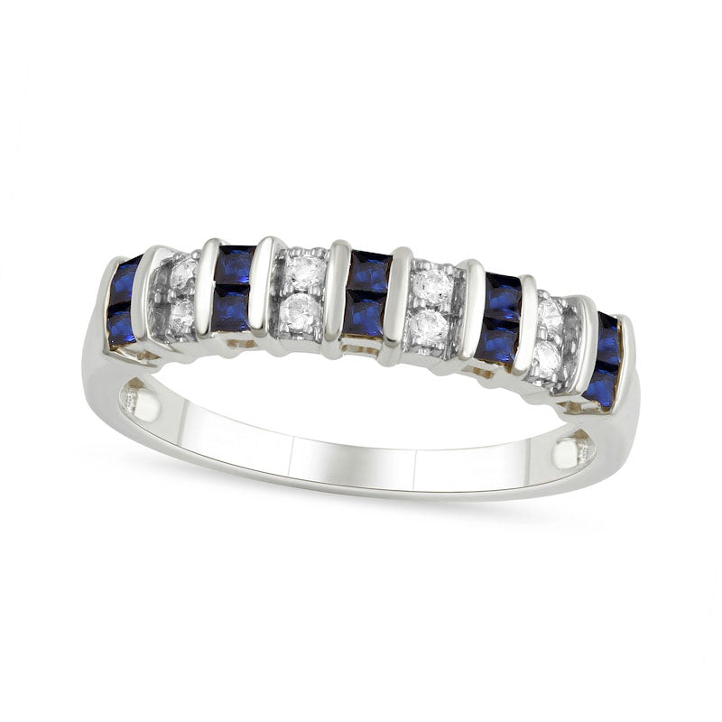 Image of ID 1 Princess-Cut Blue Sapphire and 010 CT TW Natural Diamond Alternating Duos Ring in Solid 10K White Gold