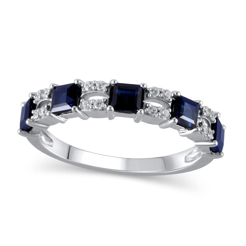 Image of ID 1 Princess-Cut Blue Sapphire and 010 CT TW Natural Diamond Split Duo Five Stone Alternating Ring in Solid 10K White Gold