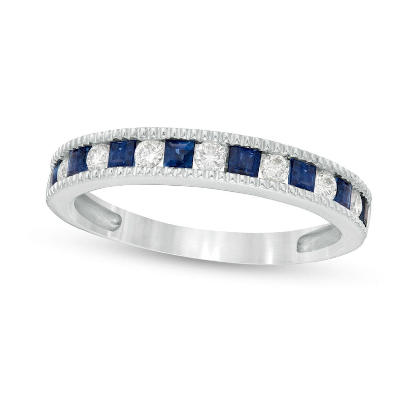 Image of ID 1 Princess-Cut Blue Sapphire and 020 CT TW Natural Diamond Milgrain Border Alternating Geometric Band in Solid 14K White Gold