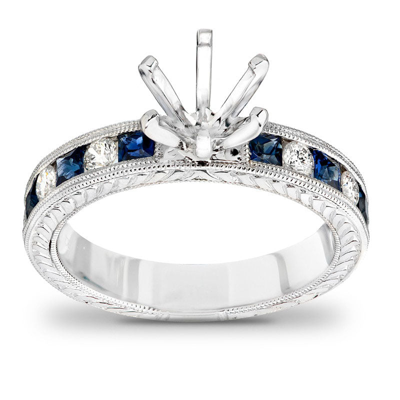 Image of ID 1 Princess-Cut Blue Sapphire and 020 CT TW Natural Diamond Semi-Mount in Solid 14K White Gold