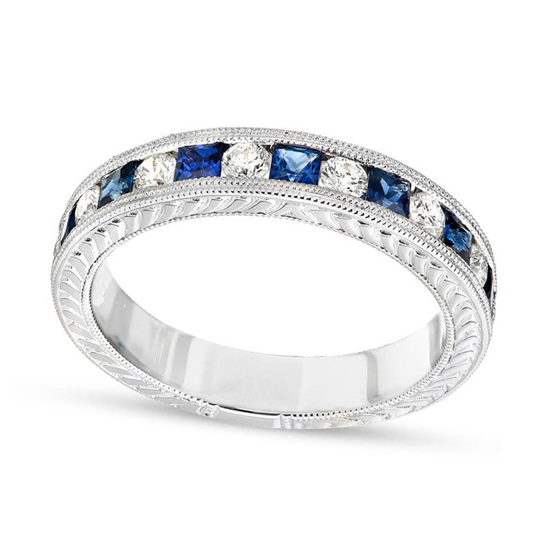 Image of ID 1 Princess-Cut Blue Sapphire and 025 CT TW Natural Diamond Band in Solid 14K White Gold