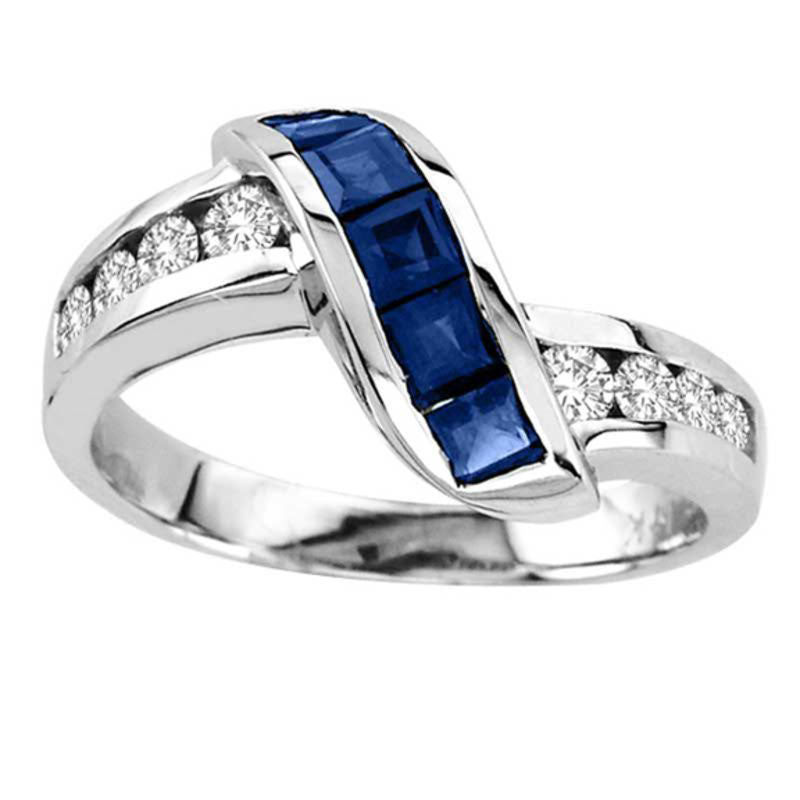 Image of ID 1 Princess-Cut Blue Sapphire and 033 CT TW Natural Diamond Slant Ring in Solid 14K White Gold