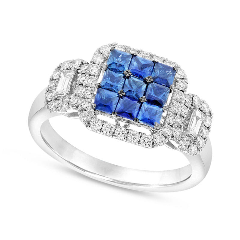 Image of ID 1 Princess-Cut Blue Sapphire and 050 CT TW Natural Diamond Frame Buckle Ring in Solid 14K White Gold