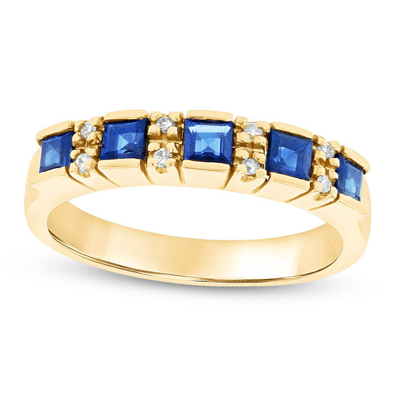 Image of ID 1 Princess-Cut Blue Sapphire and Natural Diamond Accent Five Stone Ring in Solid 14K Gold