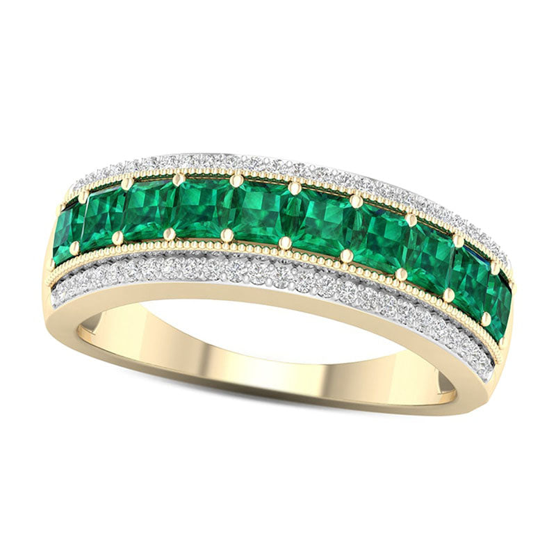 Image of ID 1 Princess-Cut Emerald and 017 CT TW Natural Diamond Border Triple Row Antique Vintage-Style Ring in Solid 10K Yellow Gold