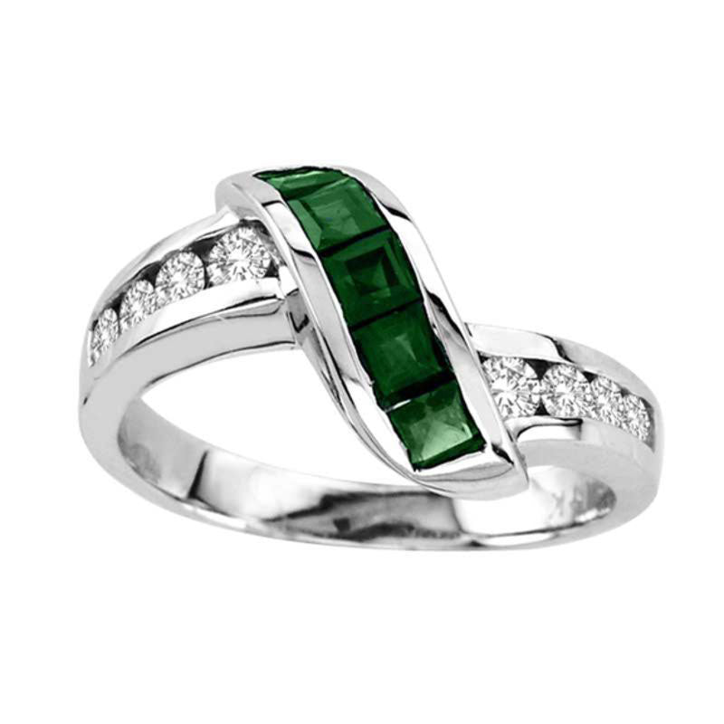 Image of ID 1 Princess-Cut Emerald and 033 CT TW Natural Diamond Slant Ring in Solid 14K White Gold